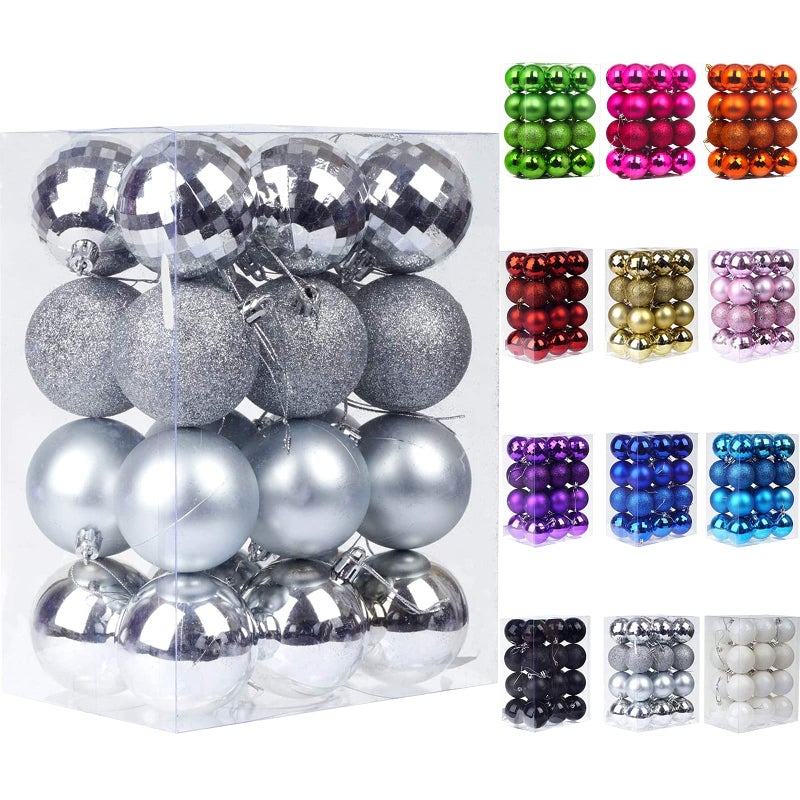 Emopeak 24Pcs Christmas Balls Ornaments for Xmas Christmas Tree - 4 Style Shatterproof Christmas Tree Decorations Hanging Ball for Holiday Wedding Party Decoration (Silver, 1.6"/4.2CM) - Image 1